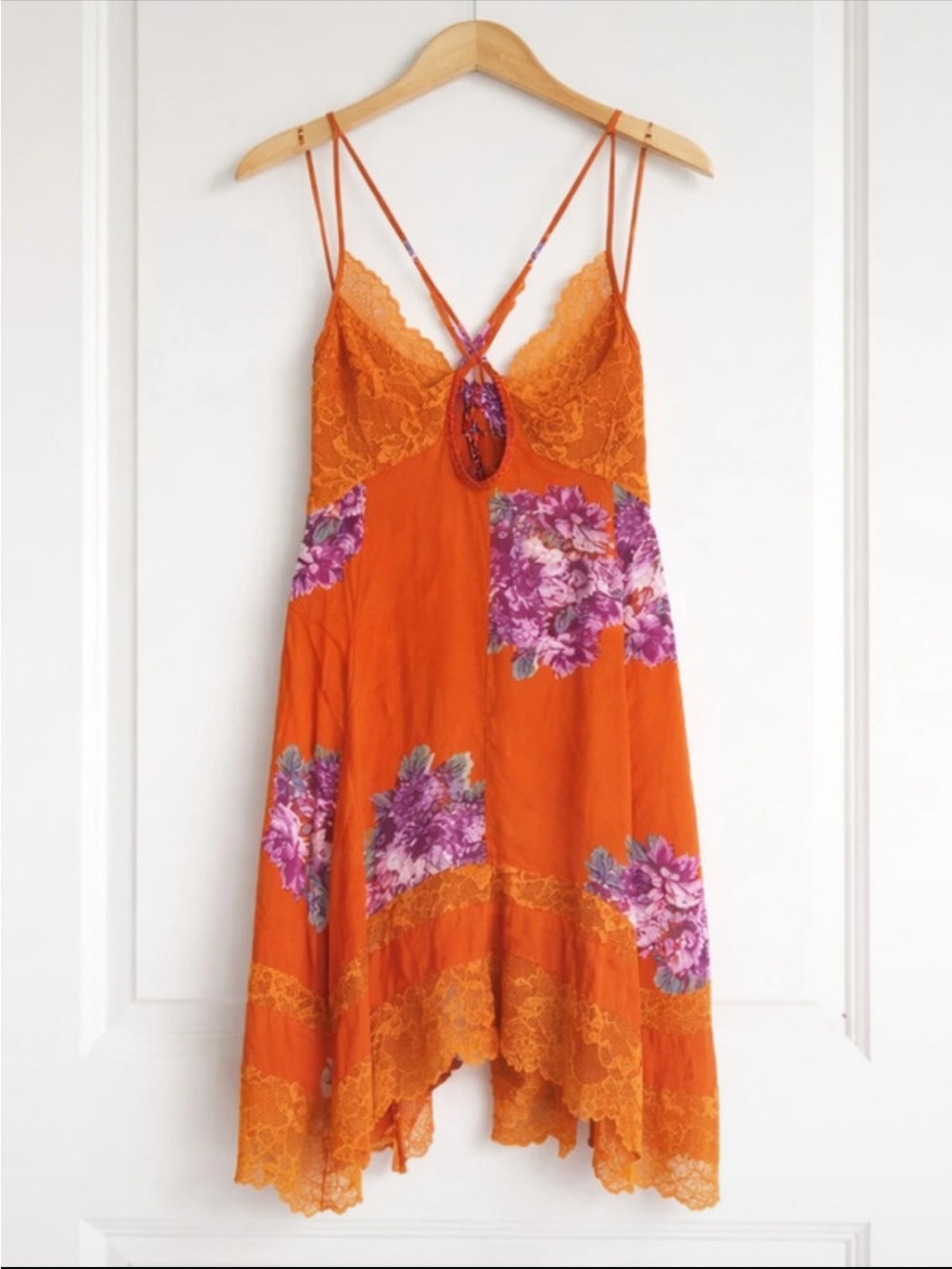 Free People Orange Floral Lace Trim Mini Dress XS